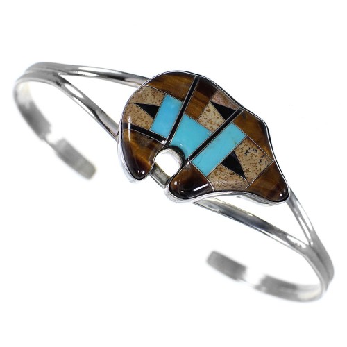 Sterling Silver Tiger Eye Multicolor Inlay Bear Cuff Bracelet RS41551