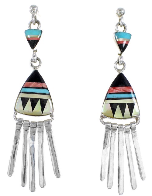 Southwestern Multicolor Inlay Silver Post Dangle Earrings YS59989