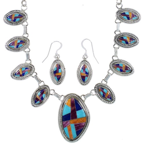 Sterling Silver Multicolor Inlay Link Necklace Earrings Set PS71234