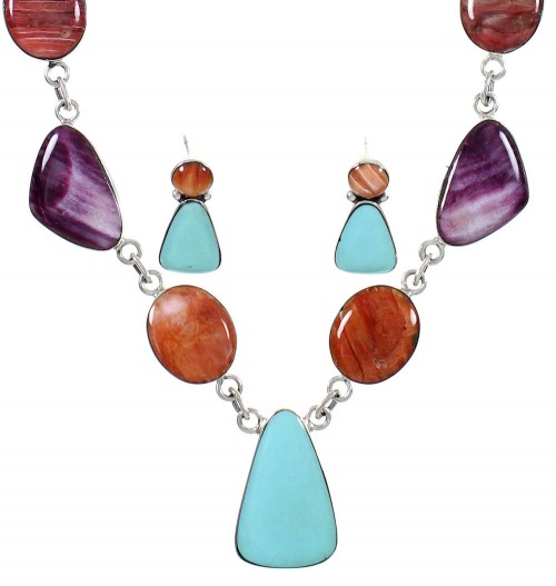 Southwestern Multicolor Silver Necklace Earring Set PS61239