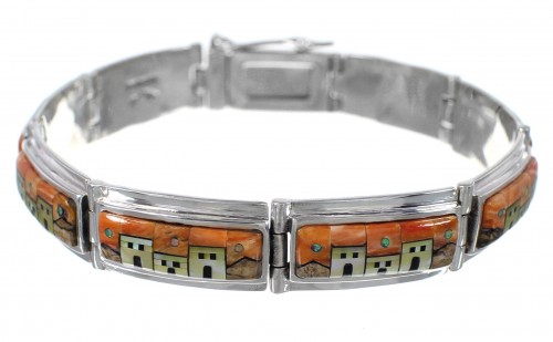 Silver Southwest Native American Village Design Link Bracelet GS62439