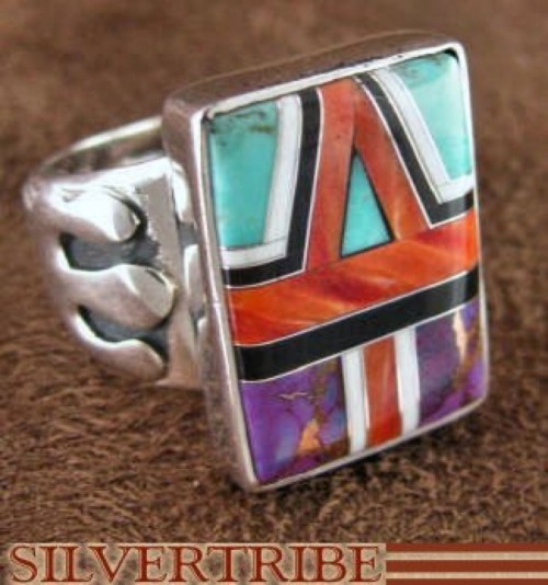 Sterling Silver Turquoise Multicolor Inlay Ring Size 8-1/4 NS35522