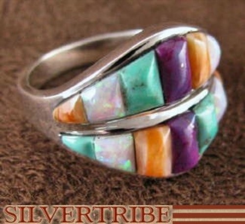 Multicolor Inlay Sterling Silver Ring Size 8-1/4 Jewelry NS36459 