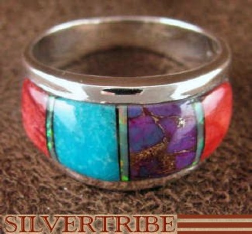 Sterling Silver Turquoise Multicolor Inlay Ring Size 8-1/2 NS36542