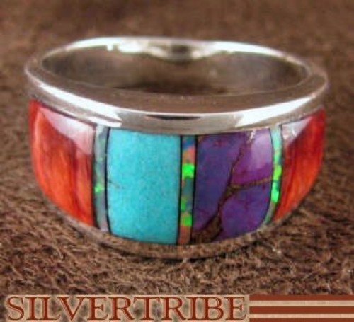 Sterling Silver Turquoise Multicolor Inlay Ring Size 7-1/2 NS36549