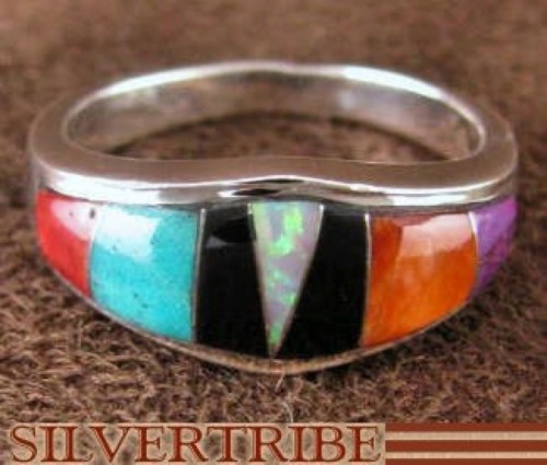 Sterling Silver Turquoise Multicolor Inlay Ring Size 5-3/4 RS37221 