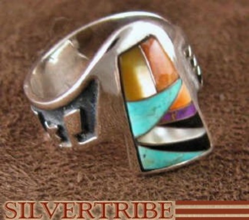 Turquoise Multicolor Inlay Sterling Silver Ring Size 7-1/4 AS37229