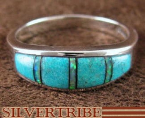 Opal Turquoise Inlay Jewelry Sterling Silver Ring Size 5-3/4 RS38133