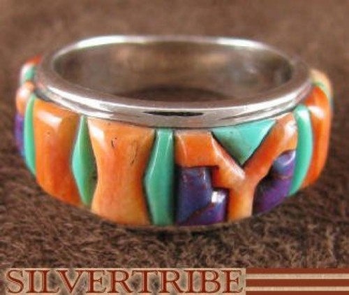Multicolor Inlay Genuine Sterling Silver Ring Size 6-1/2 AS39488
