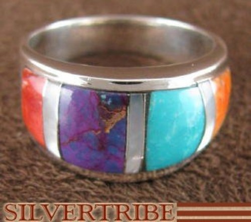 Multicolor Inlay Genuine Sterling Silver Ring Size 7-3/4 AS39282
