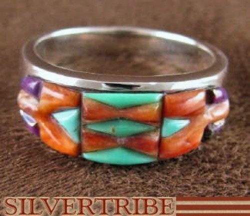 Turquoise Multicolor Inlay Sterling Silver Ring Size 7-3/4 DS38027