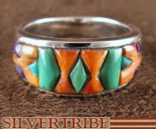 Sterling Silver Turquoise Multicolor Inlay Ring Size 8-1/2 DS38089