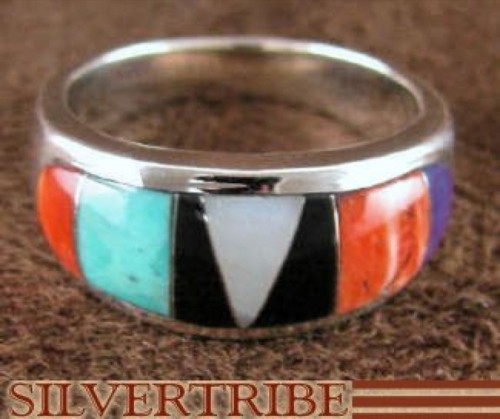 Sterling Silver Turquoise And Multicolor Inlay Ring Size 8-3/4 DS38150