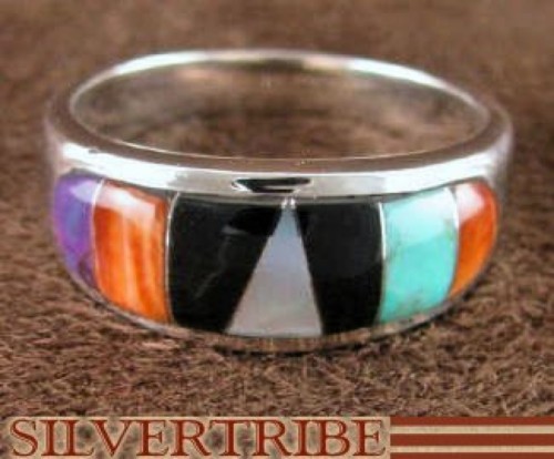 Turquoise Multicolor Inlay Sterling Silver Ring Size 6-3/4 DS38155