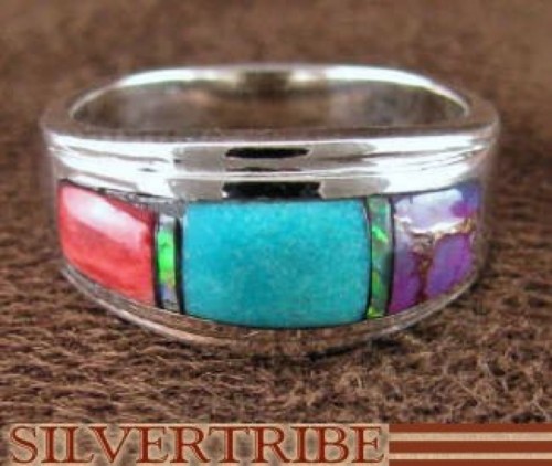 Turquoise And Multicolor Inlay Sterling Silver Ring Size 6-1/2 DS38206