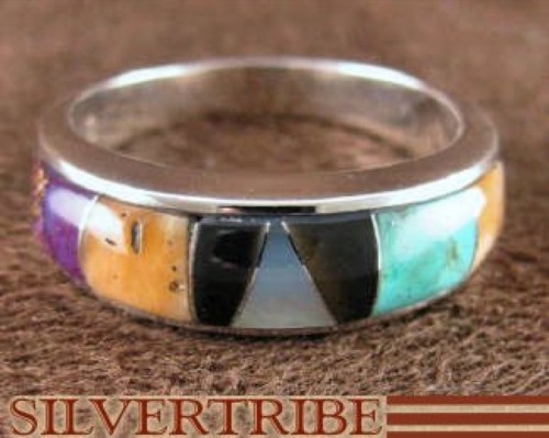 Sterling Silver Turquoise And Multicolor Inlay Ring Size 7-3/4 DS38255