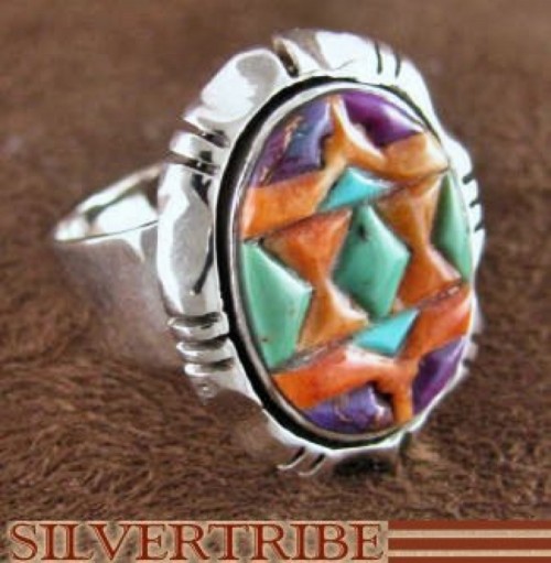 Genuine Sterling Silver Turquoise Multicolor Inlay Ring Size 6 DS38929