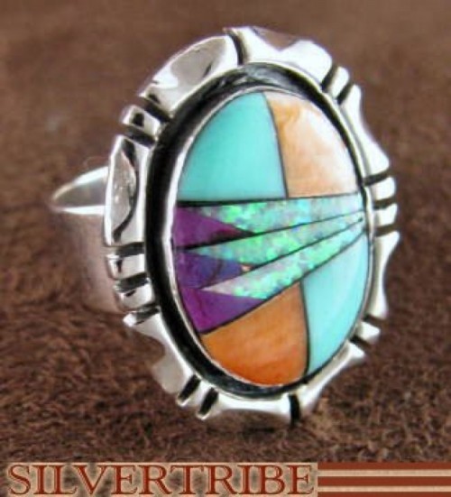 Turquoise Multicolor Inlay Sterling Silver Ring Size 5-3/4 DS38940 