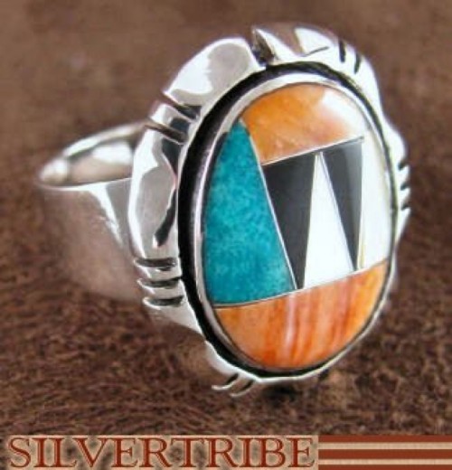 Sterling Silver Turquoise Multicolor Inlay Ring Size 8-1/4 DS38944