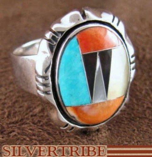 Sterling Silver Turquoise Multicolor Inlay Ring Size 8-1/4 DS38949 