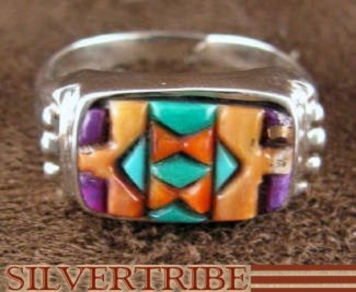 Silver Jewelry Turquoise And Multicolor Inlay Ring Size 8-1/2 NS38657