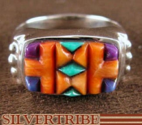 Turquoise And Multicolor Inlay Silver Ring Size 7-3/4 NS38660