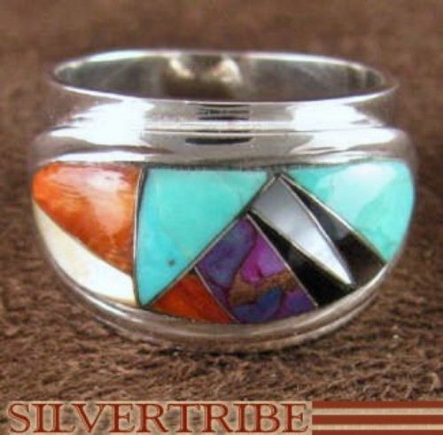 Silver Magenta Turquoise Multicolor Inlay Ring Size 7-1/4 NS38861