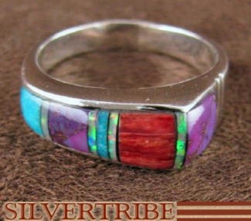 Turquoise Multicolor Inlay And Sterling Silver Ring Size 5-3/4 NS39115