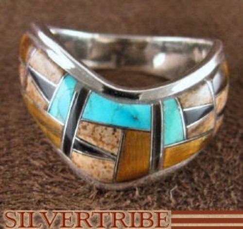Sterling Silver Multicolor Inlay Jewelry Ring Size 7-1/2 RS42379