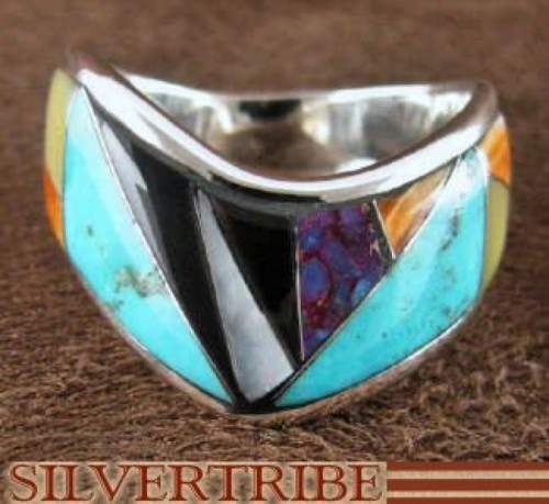 Sterling Silver Turquoise And Multicolor Inlay Ring Size 6-1/2 RS42405