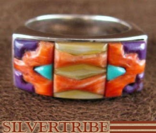 Multicolor Inlay Authentic Sterling Silver Ring Size 6-1/4 AS41259