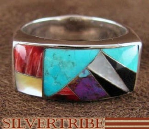 Multicolor Inlay Authentic Sterling Silver Ring Size 8-1/4 AS41272