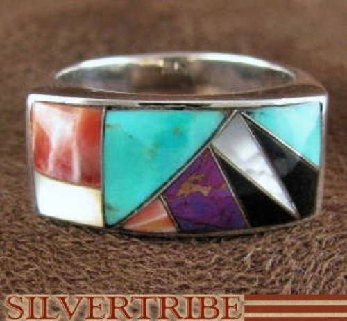 Turquoise And Multicolor Inlay Sterling Silver Ring Size 7-1/2 AS41274