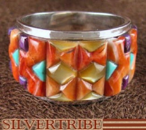 Sterling Silver Turquoise Multicolor Inlay Ring Size 8-1/4 DS42144 