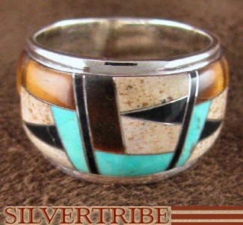 Genuine Sterling Silver And Multicolor Inlay Ring Size 6-1/2 DS42475 