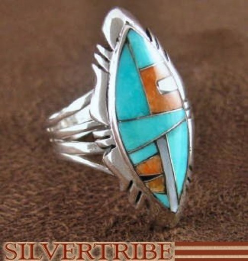 Sterling Silver Turquoise Multicolor Inlay Ring Size 8-1/4 RS41146