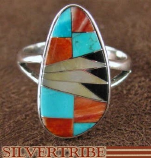 Multicolor Turquoise Inlay Sterling Silver Ring Size 8-1/4 RS41313 