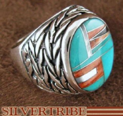 Turquoise And Multicolor Inlay Sterling Silver Ring Size 9-3/4 DS43706