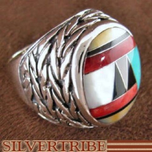 Genuine Sterling Silver And Multicolor Inlay Ring Size 7-1/2 DS43719