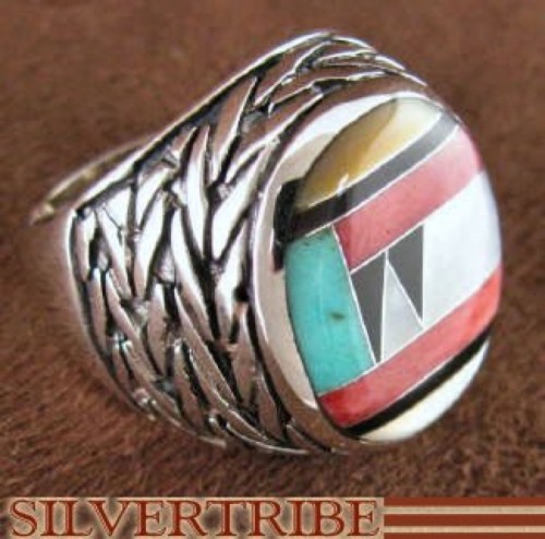 Sterling Silver Jewelry Multicolor Inlay Ring Size 7-3/4 DS43721