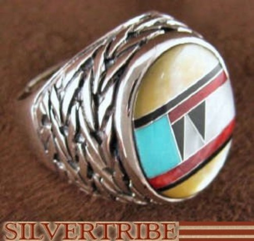 Sterling Silver And Multicolor Inlay Ring Size 8-3/4 DS43734