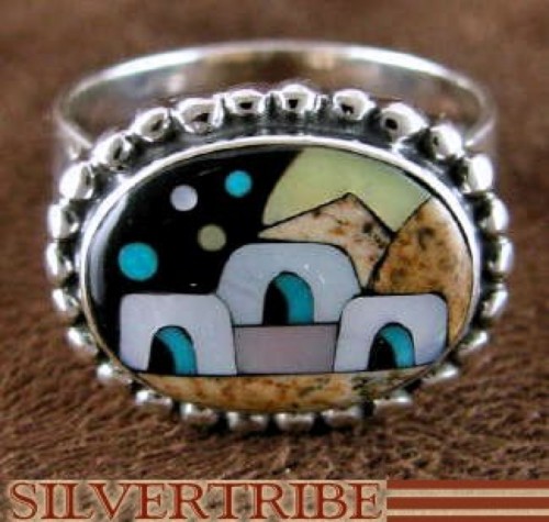 Multicolor Silver Native American Design Ring Size 8-3/4 RS46266