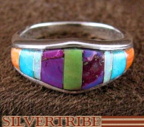 Multicolor Inlay Sterling Silver Jewelry Ring Size 5-3/4 RS46876 