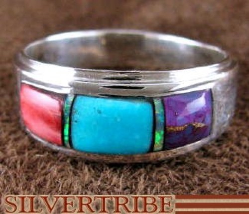 Sterling Silver Jewelry Multicolor Inlay Ring Size 6-3/4 RS46951 