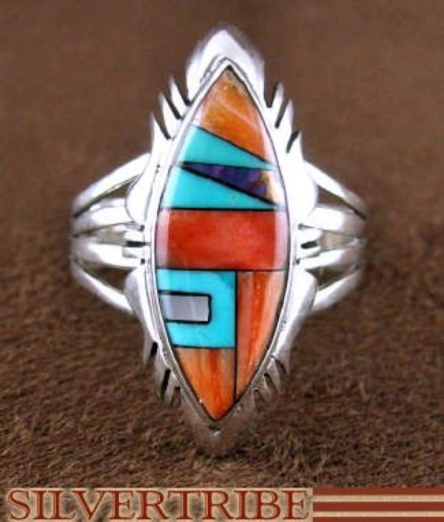 Authentic Silver And Multicolor Inlay Ring Jewelry Size 6-3/4 DS46996