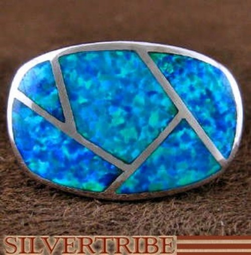 Blue Opal Inlay And Genuine Sterling Silver Ring Size 6 DS51047