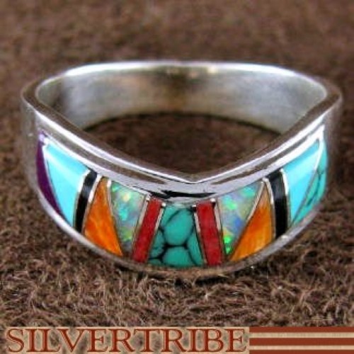 Southwestern Jewelry Multicolor Silver Ring Size 5-3/4 RS52010 