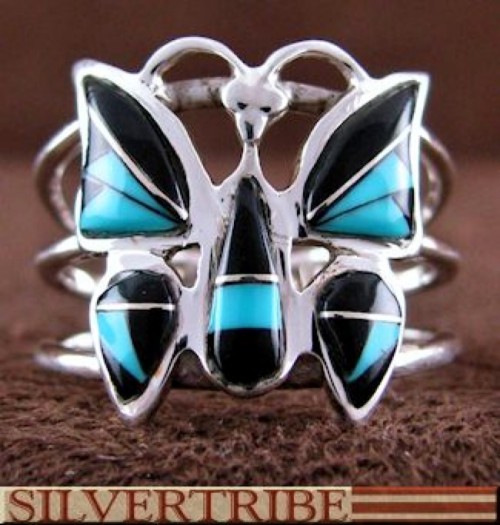 Turquoise And Onyx Inlay Silver Butterfly Ring Size 3-3/4 DS55973