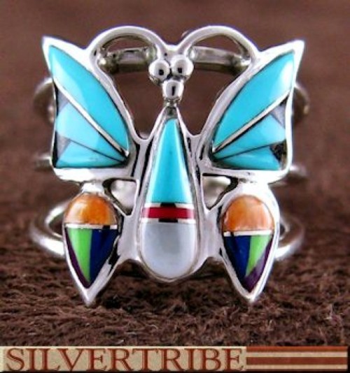 Sterling Silver Multicolor Inlay And Butterfly Ring Size 5-3/4 DS55997