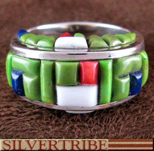 Sterling Silver And Multicolor Inlay Ring Size 8-1/2 DS55110